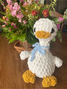 Handmade Crochet White GOOSE plushie with Yellow Beak & Feet, blue bow